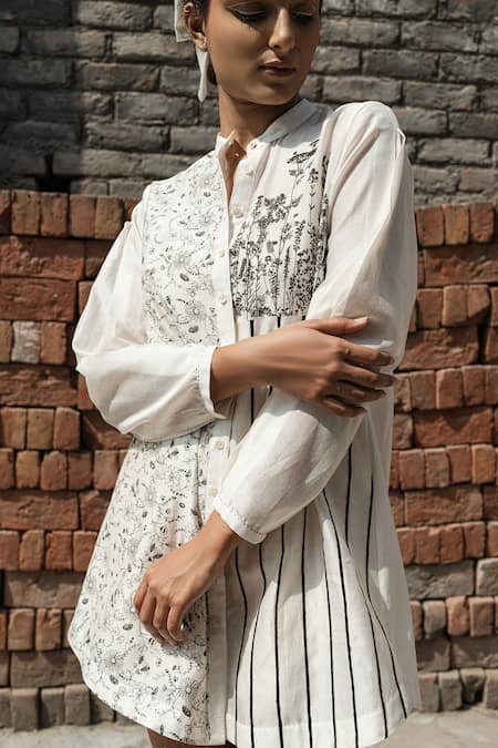 Shop Ahmev Ivory Chanderi Embroidery Mandarin Collar Cosmos Floral Hand Block Print Shirt at Aza Fashions Shop_Ahmev_Ivory Chanderi Embroidery Mandarin Collar Cosmos Floral Hand Block Print Shirt _at_Aza_Fashions