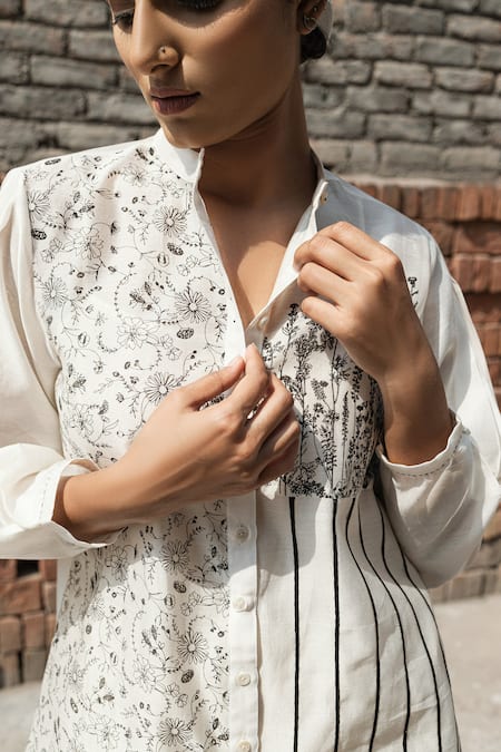 Ahmev Ivory Chanderi Embroidery Mandarin Collar Cosmos Floral Hand Block Print Shirt Online at Aza Fashions Ahmev_Ivory Chanderi Embroidery Mandarin Collar Cosmos Floral Hand Block Print Shirt _Online_at_Aza_Fashions