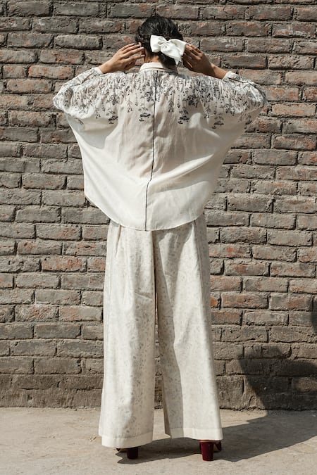 Shop Ahmev Ivory Chanderi Embroidery Collared Kahilia Dolman Sleeve Printed Shirt at Aza Fashions Shop_Ahmev_Ivory Chanderi Embroidery Collared Kahilia Dolman Sleeve Printed Shirt _at_Aza_Fashions