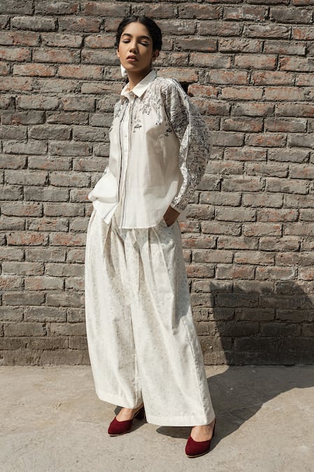 Ahmev Ivory Chanderi Embroidery Collared Kahilia Dolman Sleeve Printed Shirt Online at Aza Fashions Ahmev_Ivory Chanderi Embroidery Collared Kahilia Dolman Sleeve Printed Shirt _Online_at_Aza_Fashions
