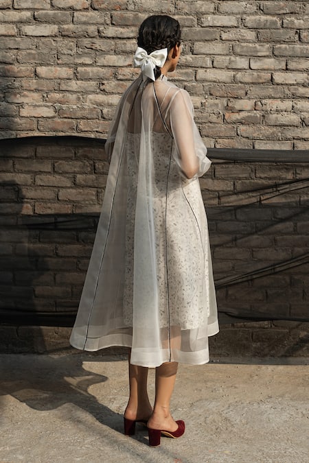 Shop Ahmev Ivory Silk Organza Bandeau Neck Dahilia Sheer Jacket With Printed Slip Dress at Aza Fashions Shop_Ahmev_Ivory Silk Organza Bandeau Neck Dahilia Sheer Jacket With Printed Slip Dress _at_Aza_Fashions
