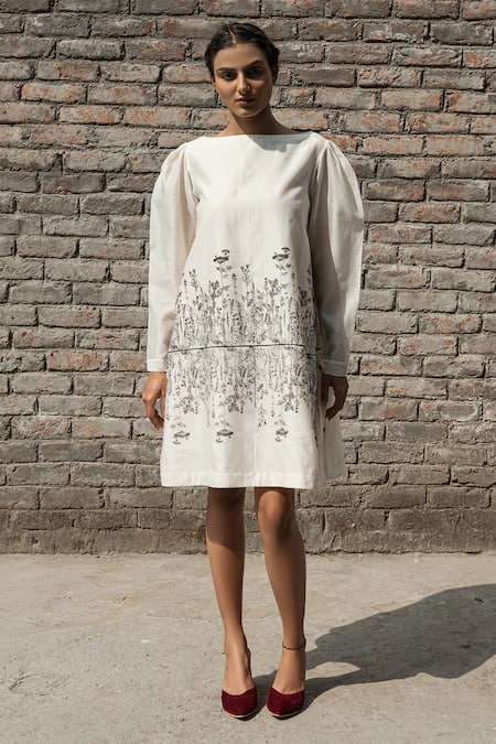 AHMEV Ivory Chanderi Block Print Floral Boat Iris Dress 