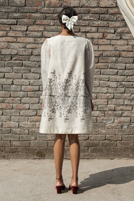 Shop Ahmev Ivory Chanderi Embroidery Boat Neck Iris Block Print Dress at Aza Fashions Shop_Ahmev_Ivory Chanderi Embroidery Boat Neck Iris Block Print Dress _at_Aza_Fashions