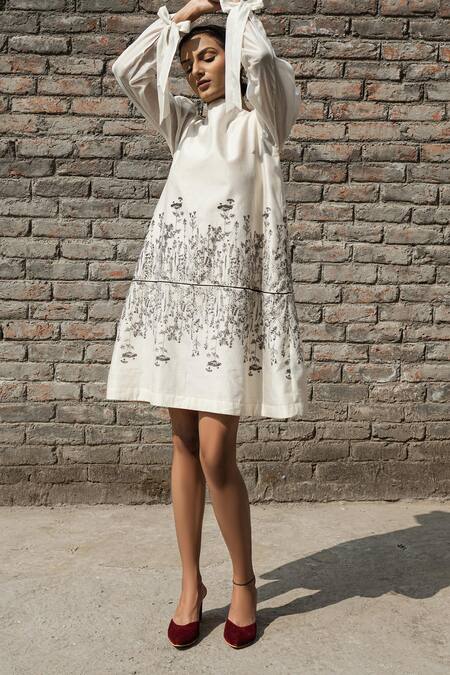 Ahmev Ivory Chanderi Embroidery Boat Neck Iris Block Print Dress Online at Aza Fashions Ahmev_Ivory Chanderi Embroidery Boat Neck Iris Block Print Dress _Online_at_Aza_Fashions