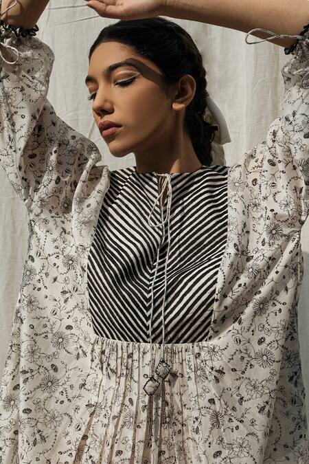 Shop Ahmev Ivory Chanderi Round Neck Gardenia Floral Print Dress Online at Aza Fashions Shop_Ahmev_Ivory Chanderi Round Neck Gardenia Floral Print Dress _Online_at_Aza_Fashions