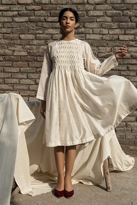 Ahmev Ivory Chanderi Embroidery Round Neck Snowdrop Smocked Bodice Dress With Slip Online at Aza Fashions Ahmev_Ivory Chanderi Embroidery Round Neck Snowdrop Smocked Bodice Dress With Slip _Online_at_Aza_Fashions