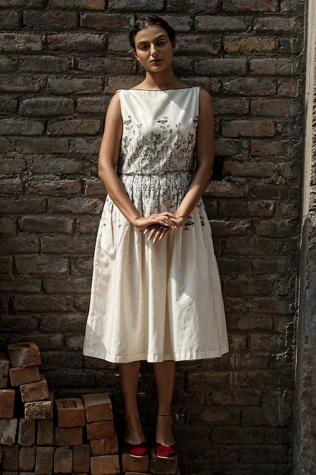 Ahmev Ivory Chanderi Embroidery Boat Neck Aster Placed Floral Print Dress at Aza Fashions Ahmev_Ivory Chanderi Embroidery Boat Neck Aster Placed Floral Print Dress _at_Aza_Fashions