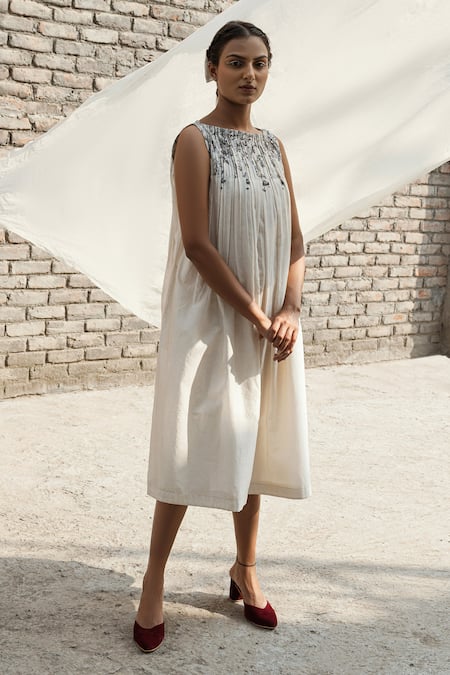 Ahmev_Ivory Chanderi Embroidery Boat Neck Belladonna Dress _Online_at_Aza_Fashions