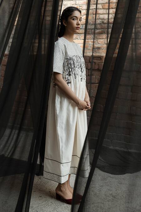 Ahmev Ivory Chanderi Embroidery Square Neck Gaia Quilted Yoke Dress Online at Aza Fashions Ahmev_Ivory Chanderi Embroidery Square Neck Gaia Quilted Yoke Dress _Online_at_Aza_Fashions