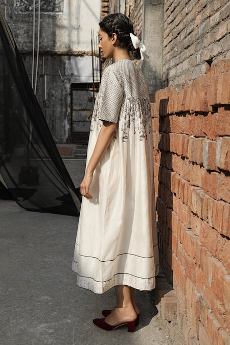 Shop Ahmev Ivory Chanderi Embroidery Square Neck Gaia Quilted Yoke Dress Online at Aza Fashions Shop_Ahmev_Ivory Chanderi Embroidery Square Neck Gaia Quilted Yoke Dress _Online_at_Aza_Fashions