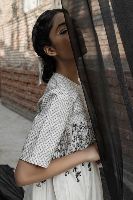 Ahmev Ivory Chanderi Embroidery Square Neck Gaia Quilted Yoke Dress at Aza Fashions Ahmev_Ivory Chanderi Embroidery Square Neck Gaia Quilted Yoke Dress _at_Aza_Fashions