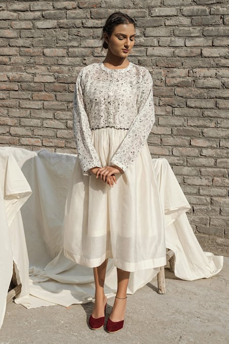 Ahmev Olivia Chanderi Floral Print Yoke Dress 