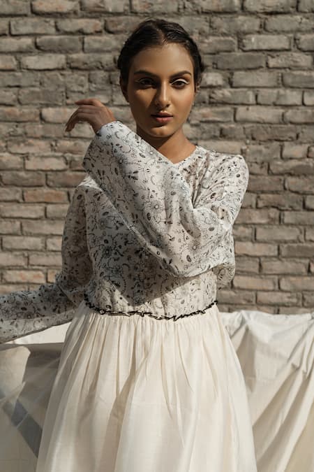 Ahmev Ivory Chanderi Embroidery Round Neck Olivia Floral Print Yoke Dress Online at Aza Fashions Ahmev_Ivory Chanderi Embroidery Round Neck Olivia Floral Print Yoke Dress _Online_at_Aza_Fashions