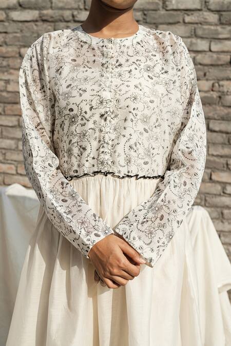 Buy Ahmev Ivory Chanderi Embroidery Round Neck Olivia Floral Print Yoke Dress Online at Aza Fashions Buy_Ahmev_Ivory Chanderi Embroidery Round Neck Olivia Floral Print Yoke Dress _Online_at_Aza_Fashions