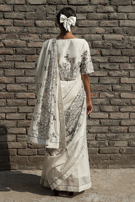 Shop_Ahmev_Ivory Chanderi Embroidery Ivy Floral Block Print Saree _at_Aza_Fashions