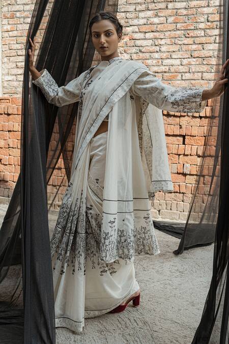 Ahmev_Ivory Chanderi Embroidery Ivy Floral Block Print Saree _Online_at_Aza_Fashions
