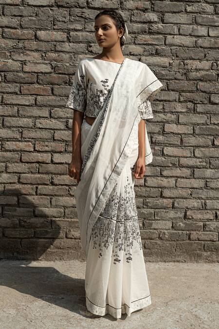Buy_Ahmev_Ivory Chanderi Embroidery Ivy Floral Block Print Saree _Online_at_Aza_Fashions