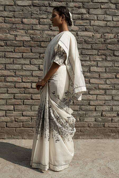 Shop_Ahmev_Ivory Chanderi Embroidery Ivy Floral Block Print Saree _Online_at_Aza_Fashions