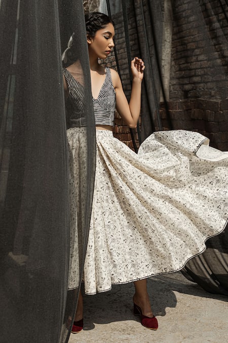 Ahmev_Ivory Chanderi Alyssa Printed Skirt _at_Aza_Fashions