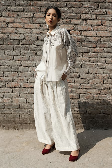 AHMEV Ivory Chanderi Block Print Floral Belle Pant 