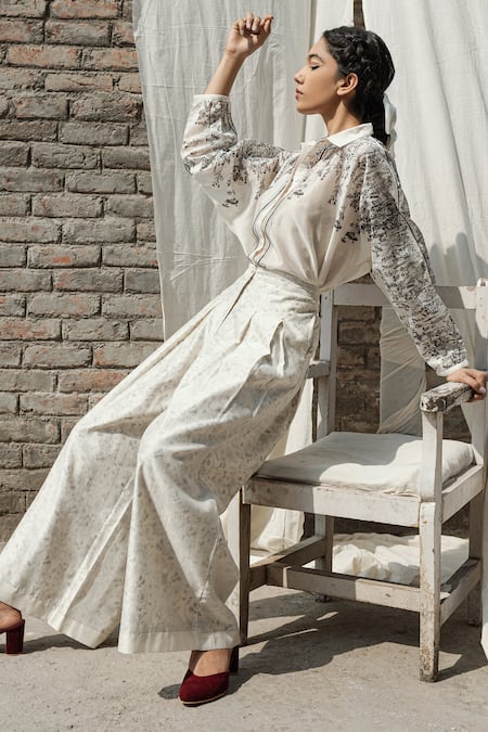Shop_Ahmev_Ivory Chanderi Embroidery Belle Block Print Pant _at_Aza_Fashions