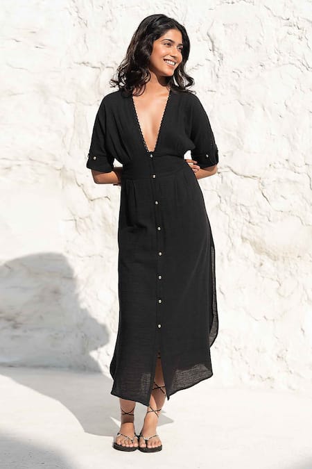 Beachbum Black Cotton Placement Lace Inserts V Neck Gemma Victorian Long Dress 