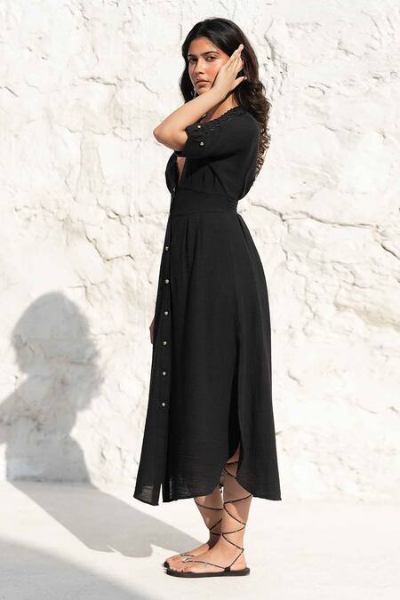 Buy_Beachbum_Black Cotton Placement Lace Inserts V Neck Gemma Victorian Long Dress_Online_at_Aza_Fashions