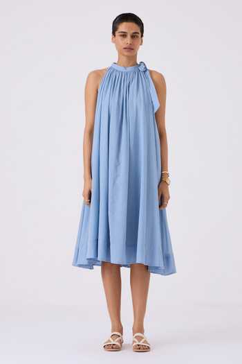 The Summer House_Blue Cotton Halter Neck Oshina Side Bow Dress_Online_at_Aza_Fashions