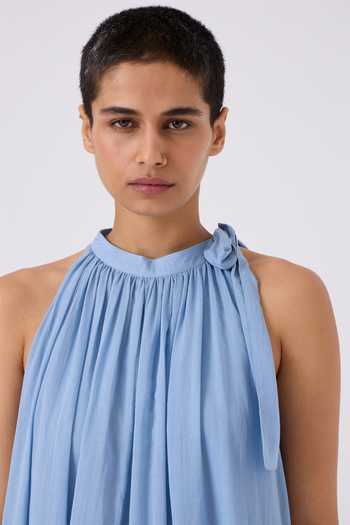Buy_The Summer House_Blue Cotton Halter Neck Oshina Side Bow Dress_Online_at_Aza_Fashions