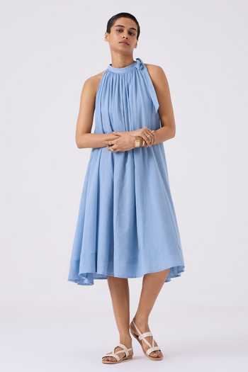 Shop_The Summer House_Blue Cotton Halter Neck Oshina Side Bow Dress_Online_at_Aza_Fashions