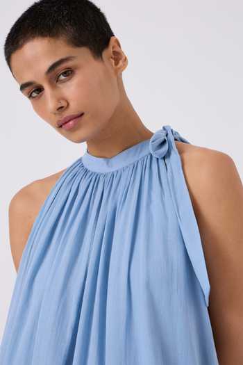 The Summer House_Blue Cotton Halter Neck Oshina Side Bow Dress_at_Aza_Fashions