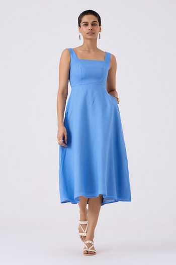 Buy The Summer House Blue Linen Square Neck Azure Fit And Flare Midi Dress at Aza Fashions Buy_The Summer House_Blue Linen Square Neck Azure Fit And Flare Midi Dress_at_Aza_Fashions