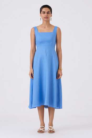 The Summer House Blue Linen Square Neck Azure Fit And Flare Midi Dress Online at Aza Fashions The Summer House_Blue Linen Square Neck Azure Fit And Flare Midi Dress_Online_at_Aza_Fashions