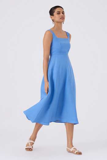 Buy The Summer House Blue Linen Square Neck Azure Fit And Flare Midi Dress Online at Aza Fashions Buy_The Summer House_Blue Linen Square Neck Azure Fit And Flare Midi Dress_Online_at_Aza_Fashions