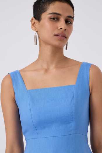 Shop The Summer House Blue Linen Square Neck Azure Fit And Flare Midi Dress Online at Aza Fashions Shop_The Summer House_Blue Linen Square Neck Azure Fit And Flare Midi Dress_Online_at_Aza_Fashions