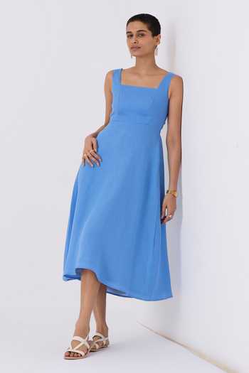 The Summer House Blue Linen Square Neck Azure Fit And Flare Midi Dress at Aza Fashions The Summer House_Blue Linen Square Neck Azure Fit And Flare Midi Dress_at_Aza_Fashions