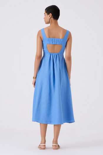 Shop The Summer House Blue Linen Square Neck Azure Fit And Flare Midi Dress at Aza Fashions Shop_The Summer House_Blue Linen Square Neck Azure Fit And Flare Midi Dress_at_Aza_Fashions