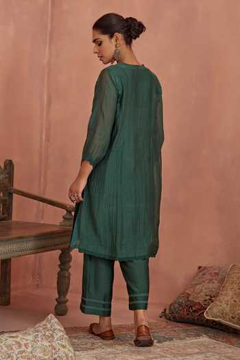 Kritika Dawar_Green Chanderi, Cotton, Silk Embroidery Round Neck Yoke Tunic And Pant Set _Online_at_Aza_Fashions
