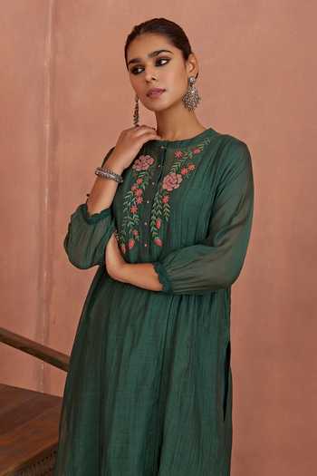 Buy_Kritika Dawar_Green Chanderi, Cotton, Silk Embroidery Round Neck Yoke Tunic And Pant Set _Online_at_Aza_Fashions