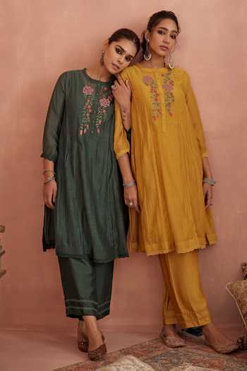 Shop_Kritika Dawar_Green Chanderi, Cotton, Silk Embroidery Round Neck Yoke Tunic And Pant Set _Online_at_Aza_Fashions