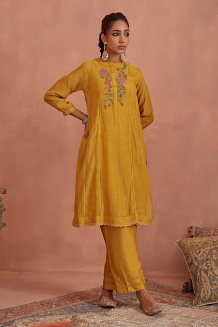 Shop_Kritika Dawar_Yellow Chanderi, Cotton Embroidery Round Neck Yoke Hand Tunic And Pant Set _Online_at_Aza_Fashions