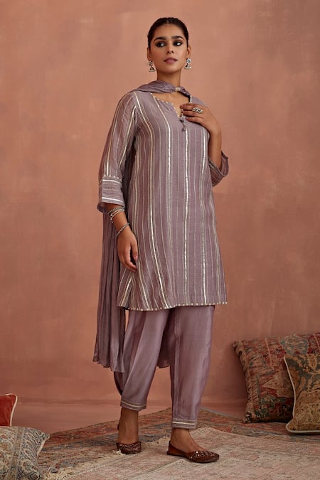 Kritika Dawar Purple Chanderi, Silk Gota Patti, Embroidery Split V-neck Kurta Dhoti Pant Set Online at Aza Fashions Kritika Dawar_Purple Chanderi, Silk Gota Patti, Embroidery Split V-neck Kurta Dhoti Pant Set _Online_at_Aza_Fashions