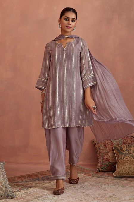 Buy Kritika Dawar Purple Chanderi, Silk Gota Patti, Embroidery Split V-neck Kurta Dhoti Pant Set Online at Aza Fashions Buy_Kritika Dawar_Purple Chanderi, Silk Gota Patti, Embroidery Split V-neck Kurta Dhoti Pant Set _Online_at_Aza_Fashions