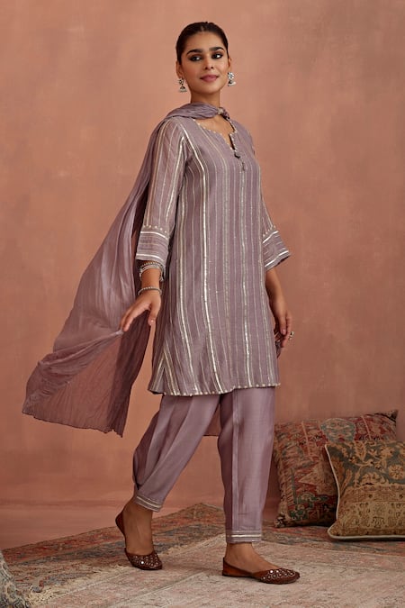 Shop Kritika Dawar Purple Chanderi, Silk Gota Patti, Embroidery Split V-neck Kurta Dhoti Pant Set Online at Aza Fashions Shop_Kritika Dawar_Purple Chanderi, Silk Gota Patti, Embroidery Split V-neck Kurta Dhoti Pant Set _Online_at_Aza_Fashions