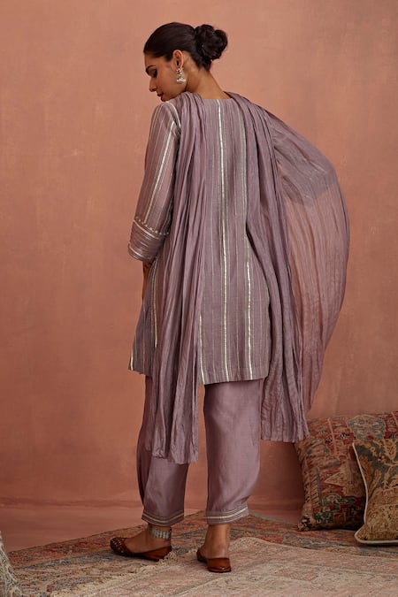 Shop Kritika Dawar Purple Chanderi, Silk Gota Patti, Embroidery Split V-neck Kurta Dhoti Pant Set at Aza Fashions Shop_Kritika Dawar_Purple Chanderi, Silk Gota Patti, Embroidery Split V-neck Kurta Dhoti Pant Set _at_Aza_Fashions