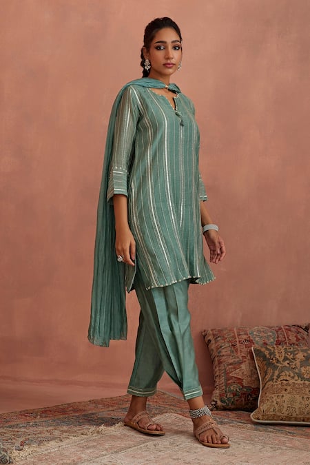 Kritika Dawar Blue Chanderi, Silk Gota Patti Split V-neck Kurta Dhoti Pant Set Online at Aza Fashions Kritika Dawar_Blue Chanderi, Silk Gota Patti Split V-neck Kurta Dhoti Pant Set _Online_at_Aza_Fashions