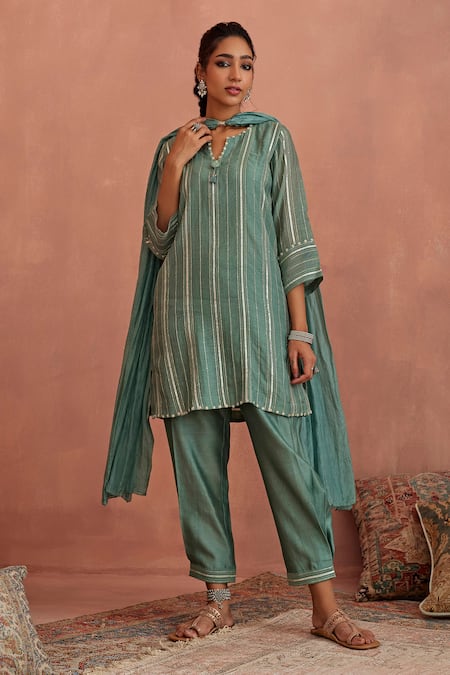 Buy Kritika Dawar Blue Chanderi, Silk Gota Patti Split V-neck Kurta Dhoti Pant Set Online at Aza Fashions Buy_Kritika Dawar_Blue Chanderi, Silk Gota Patti Split V-neck Kurta Dhoti Pant Set _Online_at_Aza_Fashions