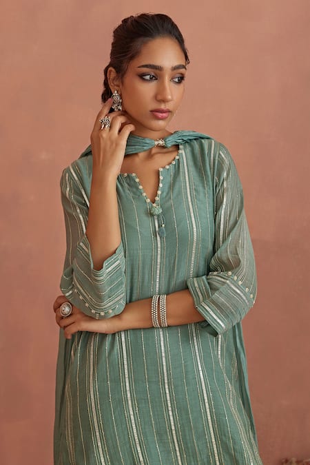 Shop Kritika Dawar Blue Chanderi, Silk Gota Patti Split V-neck Kurta Dhoti Pant Set Online at Aza Fashions Shop_Kritika Dawar_Blue Chanderi, Silk Gota Patti Split V-neck Kurta Dhoti Pant Set _Online_at_Aza_Fashions