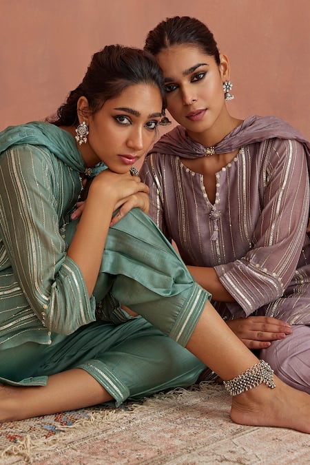 Kritika Dawar Blue Chanderi, Silk Gota Patti Split V-neck Kurta Dhoti Pant Set at Aza Fashions Kritika Dawar_Blue Chanderi, Silk Gota Patti Split V-neck Kurta Dhoti Pant Set _at_Aza_Fashions