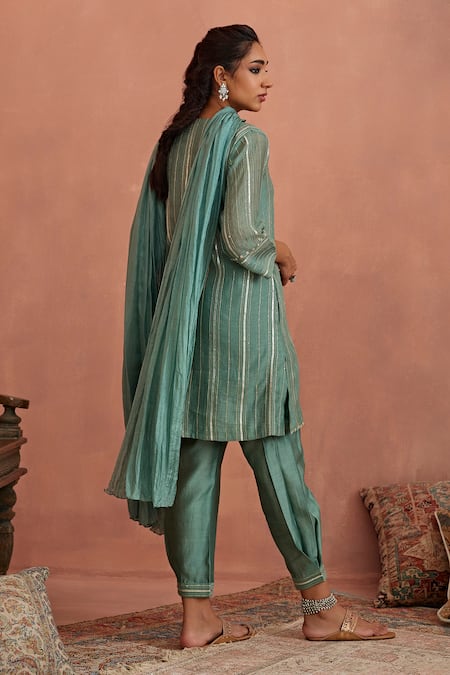 Shop Kritika Dawar Blue Chanderi, Silk Gota Patti Split V-neck Kurta Dhoti Pant Set at Aza Fashions Shop_Kritika Dawar_Blue Chanderi, Silk Gota Patti Split V-neck Kurta Dhoti Pant Set _at_Aza_Fashions